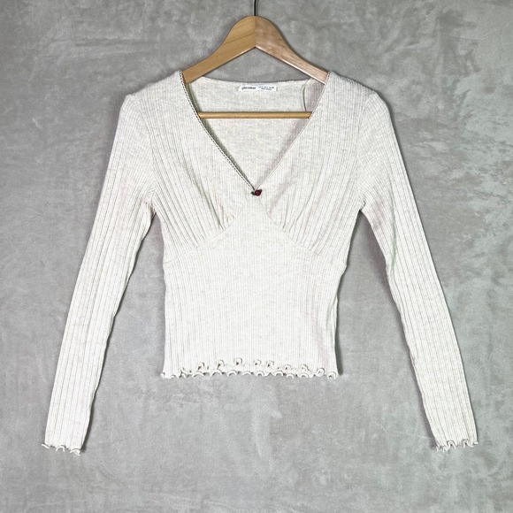 pull & bear Tops - Pull‎ & Bear Ribbed Beige S Top Lettuce Hem Long Sleeve Coquette Balletcore Rose